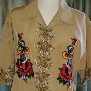 Men's Dragonfly Roadhouse Embroidered Button Down Polyester Shirt